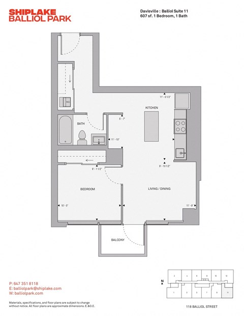 Floor plan for 1 bed, 1 bath, 607 sqft
